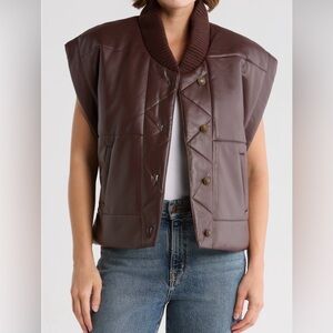 NWT Truth Faux Leather Cap Sleeve quilted vest Brown oversized XS